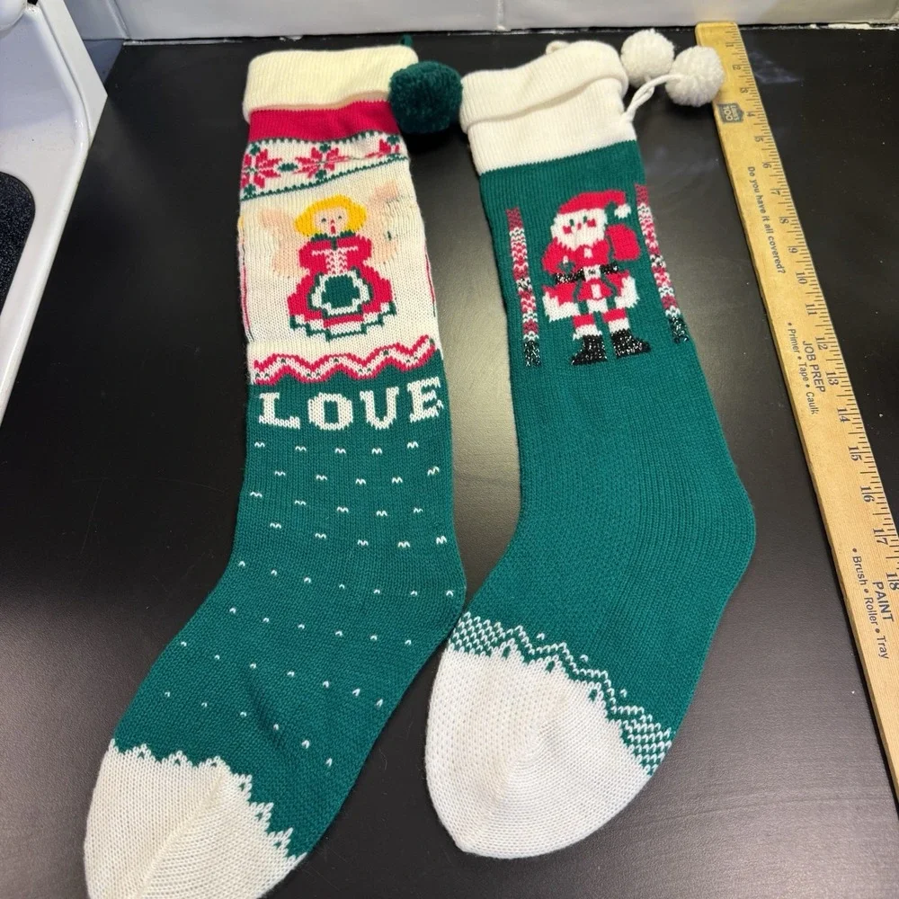 Vintage‎ Knit Christmas Stockings Santa Angel  Pair Holiday Decor Retro